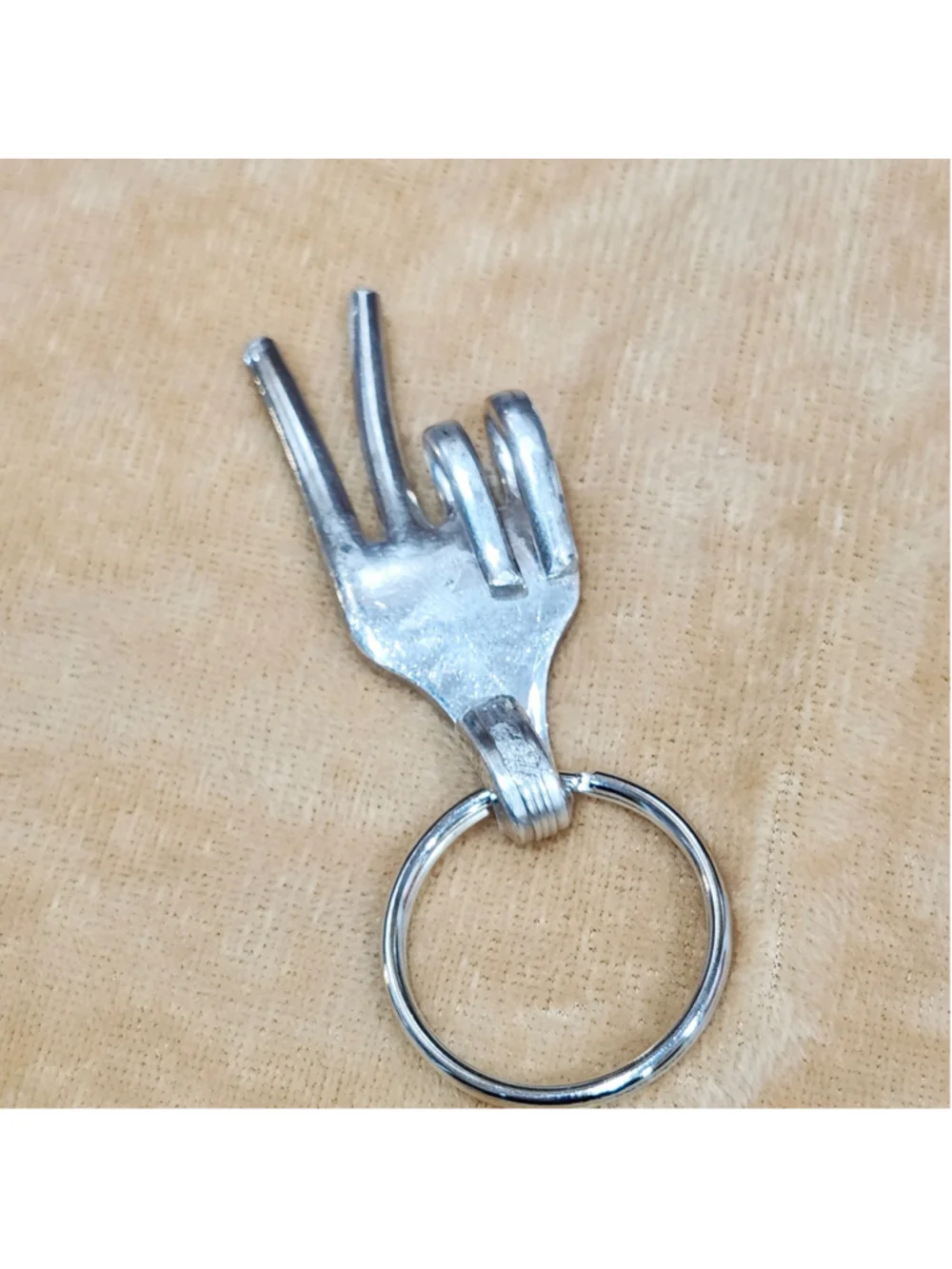 Silverware Art Fork Keychain Peace Sign Hand Gesture Unique Hand Sculpted